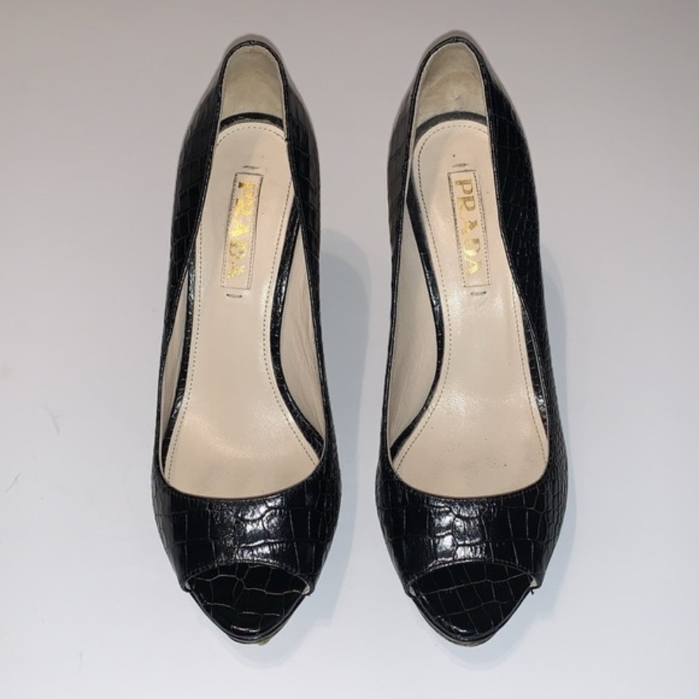 Vtg Prada Sz 36.5 Black Crocodile Embossed Leather Peep Toe Platform Pumps Heels - Picture 3 of 16
